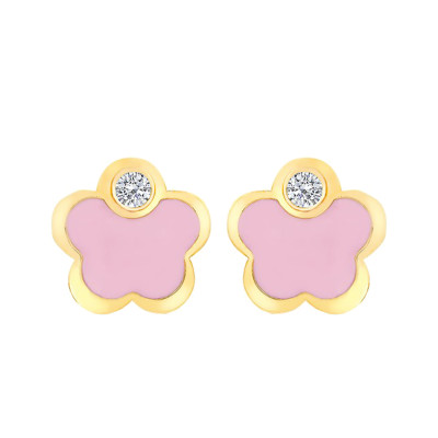 Boucles d'oreilles fleur & oxyde, Email rose & Or jaune - Bambins