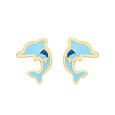 Boucles d'oreilles Dauphins, Or Jaune 375 & Émail Bleu - Bambins