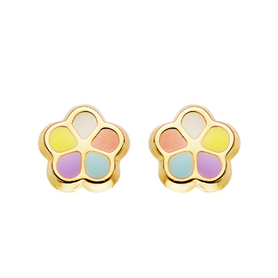 Boucles d'oreilles Fleurs Émaillées, Or Jaune 750, 5x5mm - Bambins