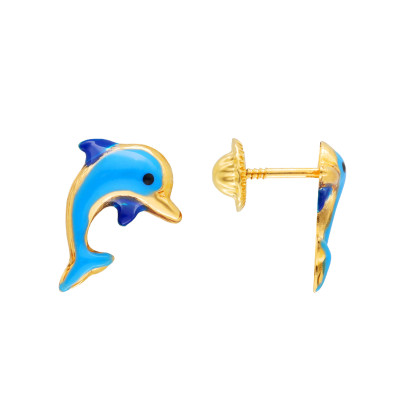 Boucles d'oreilles Dauphin, Or jaune & Laquage bleu - Emanessence