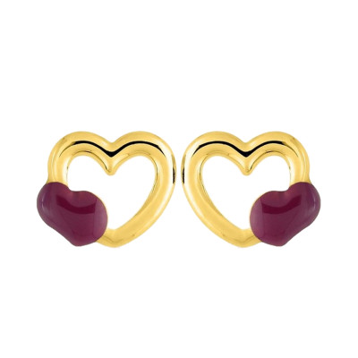 Boucles d'oreilles Coeurs, Or jaune et laque rose - Emanessence