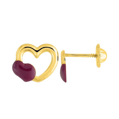 Boucles d'oreilles Coeurs, Or jaune et laque rose - Emanessence