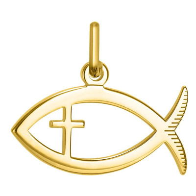 Pendentif Poisson Ichthus & Croix, Or Jaune 750, 19x10 mm - Lumiosa