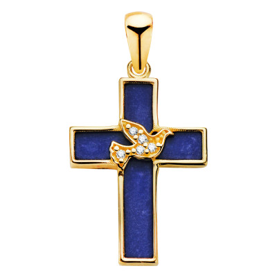 Pendentif Croix à la Colombe, Or Jaune 750 & Lapis Lazuli, 19x12,5mm - Lumiosa