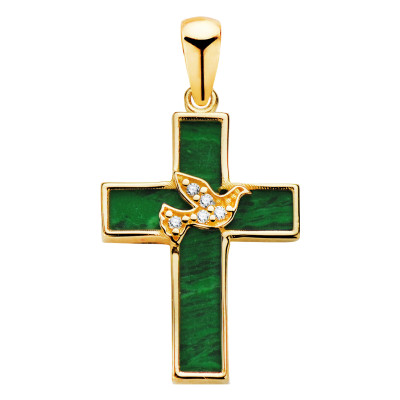 Pendentif Croix à la Colombe, Or Jaune 750 & Malachite, 19x12,5mm - Lumiosa