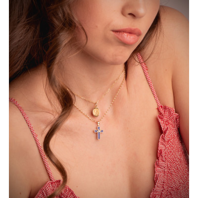 Pendentif Croix à la Colombe, Or Jaune 750 & Lapis Lazuli, 19x12,5mm - Lumiosa