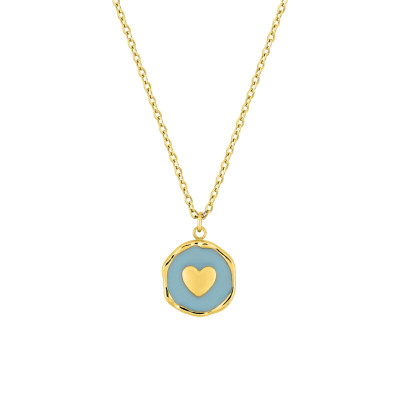 Collier plaque coeur, Acier doré & laque bleue, 43cm - Bambins