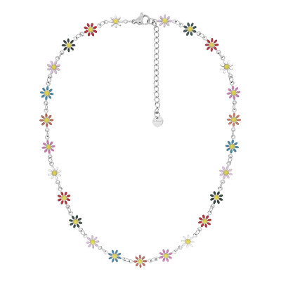 Collier Fleurs Marguerites, Acier argenté & résine multicolore, 43cm - Bambins