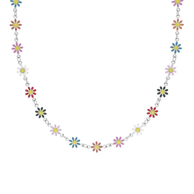 Collier Fleurs Marguerites, Acier argenté & résine multicolore, 43cm - Bambins