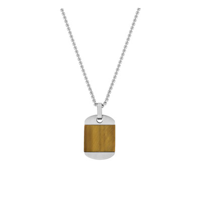 Collier Plaque militaire, Acier & Oeil de tigre, 65cm - Emanessence