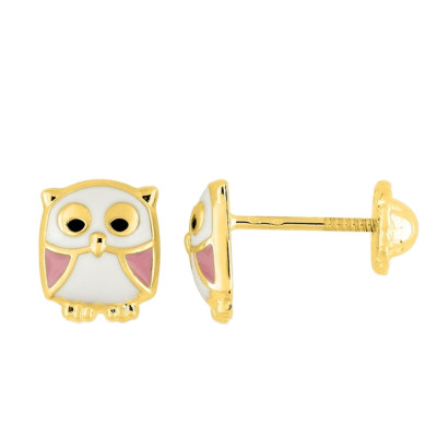 Boucles d'oreilles Hibou, Or Jaune 375 & Laque - Bambins