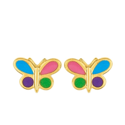 Boucles d'oreilles Papillon, Or Jaune 375 & Laque multicolore - Bambins