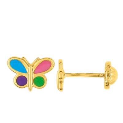 Boucles d'oreilles Papillon, Or Jaune 375 & Laque multicolore - Bambins