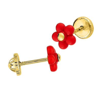 Boucles d'oreilles Fleur, Or Jaune 375 & Laque rouge - Bambins
