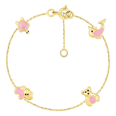 Bracelet Enfant Animaux, Or jaune 750 & Email rose - Bambins