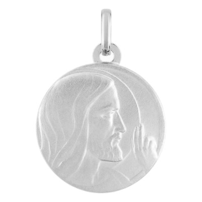 Médaille Christ Bénissant, Or blanc 750, 18mm - Emanessence