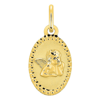 Médaille Ovale Ange Pensif, Or Jaune 375 Perlé, 10x17mm - Emanessence