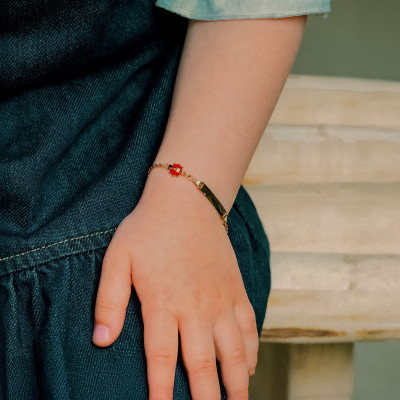 Gourmette Bébé Rectangle Coccinelle, Or jaune 375, 12 à 14cm - Bambins