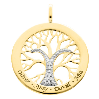 Pendentif Arbre de Vie Gravable, Or Jaune 375 & Diamants 0,03 ct - Lumiosa