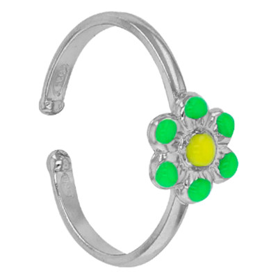Bague Enfant Fleur, Argent 925 & Email vert et jaune, Ajustable - Bambins