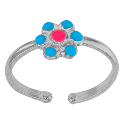 Bague Enfant Fleur, Argent 925 & Email bleu et rose, Ajustable - Bambins
