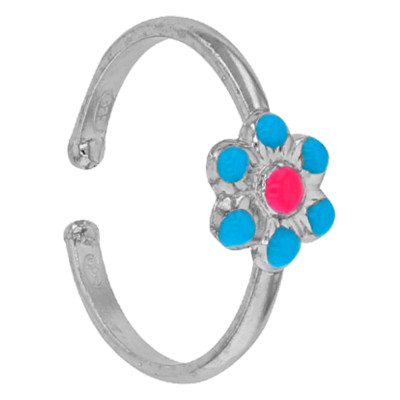 Bague Enfant Fleur, Argent 925 & Email bleu et rose, Ajustable - Bambins