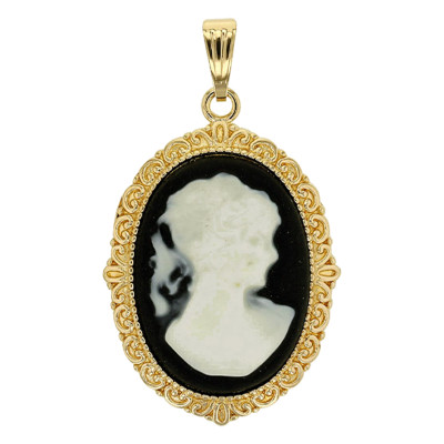Pendentif Camée Grand Modèle, Plaqué or & Résine Noire - Emanessence