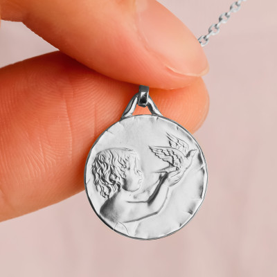 Médaille Ange à la Colombe, Or Blanc, 18 mm - Lucas Lucor