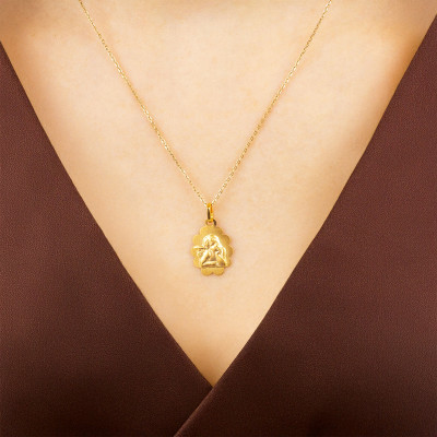 Médaille Ovale Bord Fleuri Ange Raphaël, Or Jaune 375, 16x12 mm - Emanessence