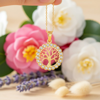 Médaille Arbre de vie, Or Jaune 750 & Zircons, 16mm - Lumiosa