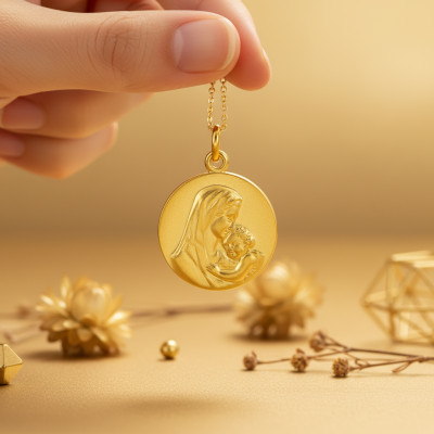 Médaille Vierge à l'Enfant, Or jaune 750, 15 ou 17mm - Emanessence