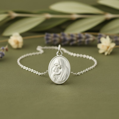 Médaille Ovale Vierge à l'Enfant, Argent, 19x15mm - Emanessence