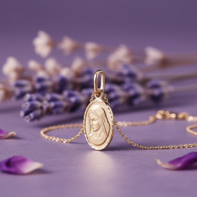 Médaille Sainte Marie Ovale, Or Jaune 375, 10,5x25mm - Emanessence