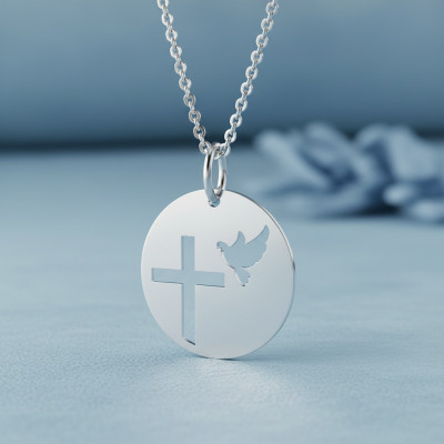 Médaille Croix & Colombe, Or Blanc, 20mm - Lucas Lucor