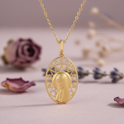 Médaille Ovale Vierge, Or jaune 750, 20x14mm - Emanessence
