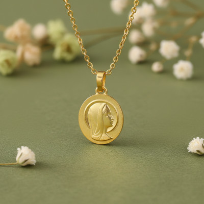 Médaille Sainte Vierge de profil, Or jaune 375, 14x13mm - Emanessence