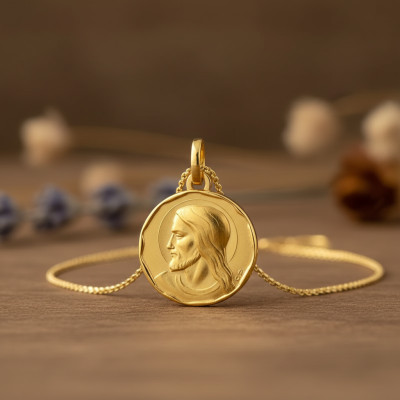 Médaille Ronde Christ, Or jaune 750, 15mm - Vandona