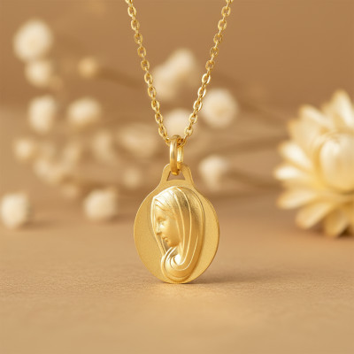 Médaille Vierge Marie au voile, Or jaune 750, 16x13mm - Emanessence