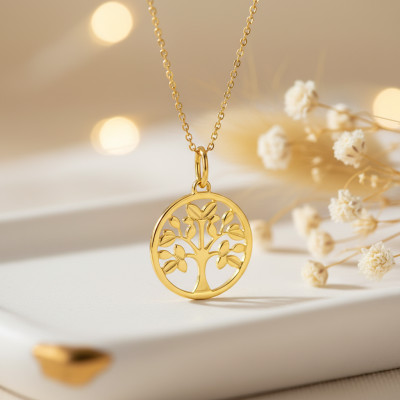 Médaille Arbre de Vie fleuri, Or jaune 750, 12mm - Emanessence