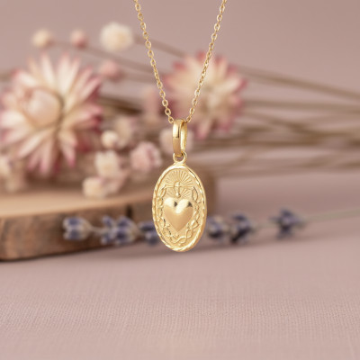 Médaille Sacré Coeur Ovale, Or Jaune 375, 10,5x25mm - Emanessence