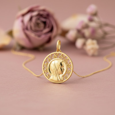 Médaille Ronde Vierge, Or jaune 750, 18mm - Emanessence