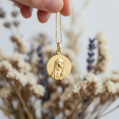 Médaille Vierge en Contemplation, Or Jaune 750, 16 mm - Augis