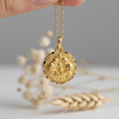 Médaille Baptême Ronde Bords Stylisés, Or Jaune 750, 18 mm - Lumiosa