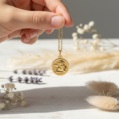 Médaille Ange Bébé, Or Jaune 750, 14 mm - Lumiosa