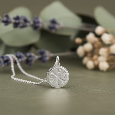 Médaille Chrisme, Or blanc 750, 18mm - Argyor