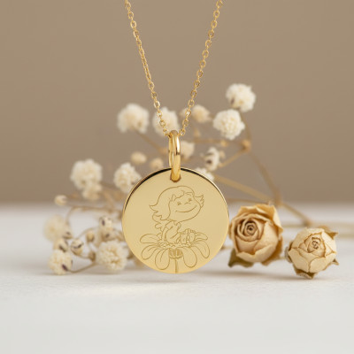 Médaille Fille sur fleur, Or Jaune, 16mm - La Fée Galipette