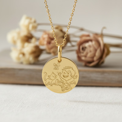 Médaille Garçon & Chat, Or Jaune, 16mm - La Fée Galipette