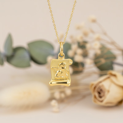 Médaille Ange Pensif Parchemin, Or Jaune 375, 10x12mm - Emanessence