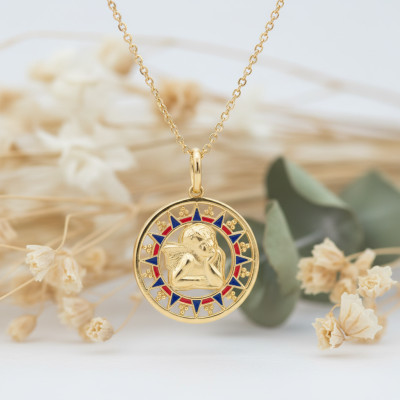 Médaille Ronde Ange, Or jaune 750 & Laque, 18mm - Emanessence