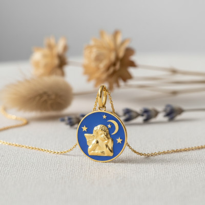 Médaille Ange de la Nuit, Or jaune 750 & Laque, 15mm - Emanessence